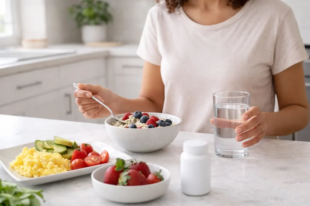 Woman seated at a table with a balanced meal, water, and a dietary supplement as part of a structured daily routine