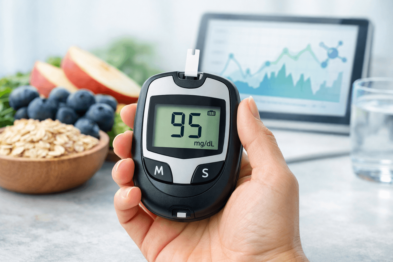 person measuring blood sugar with glucose meter alongside healthy foods representing metabolic health