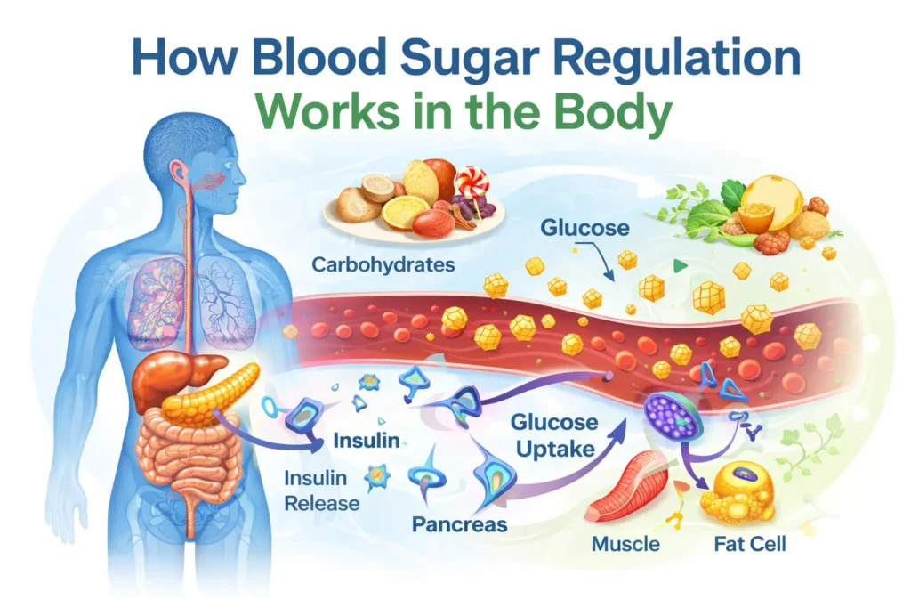 educational diagram showing how the body regulates blood sugar including insulin response, glucose transport, and metabolic signaling