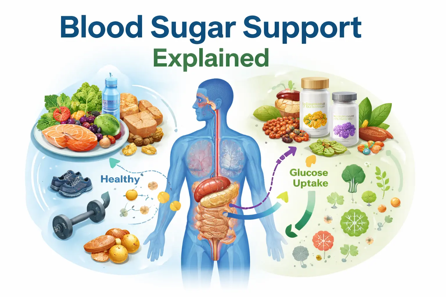 educational illustration showing blood sugar support concepts including metabolism, lifestyle factors, and glucose regulation