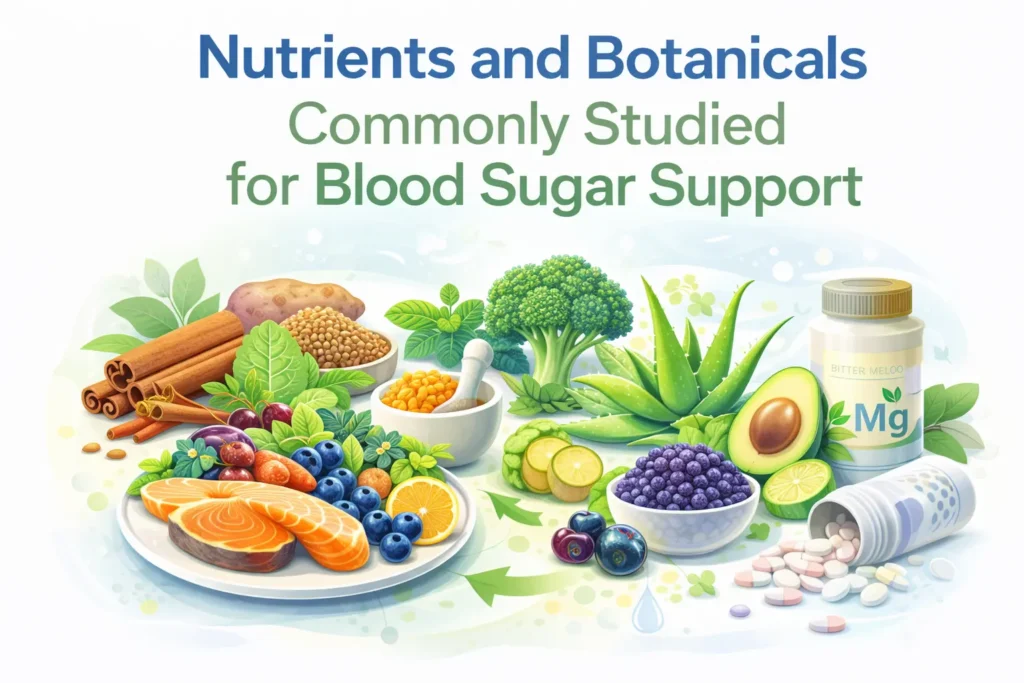 educational illustration showing natural nutrients and botanicals commonly studied for blood sugar support including cinnamon, berberine, gymnema sylvestre, and metabolic support compounds