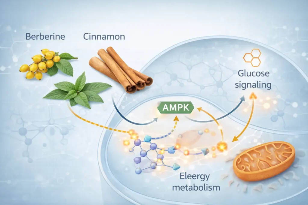 Scientific illustration showing plant-derived compounds interacting with cellular metabolic pathways related to glucose regulation