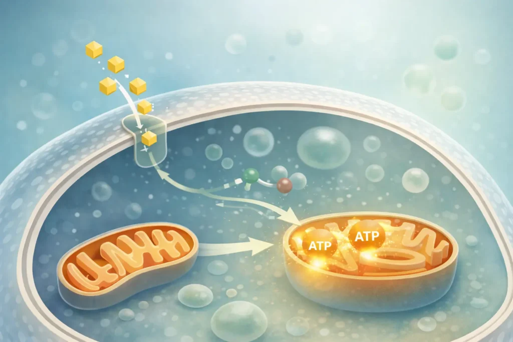 Scientific illustration showing glucose entering a cell and being converted into ATP within the mitochondria under normal physiological conditions