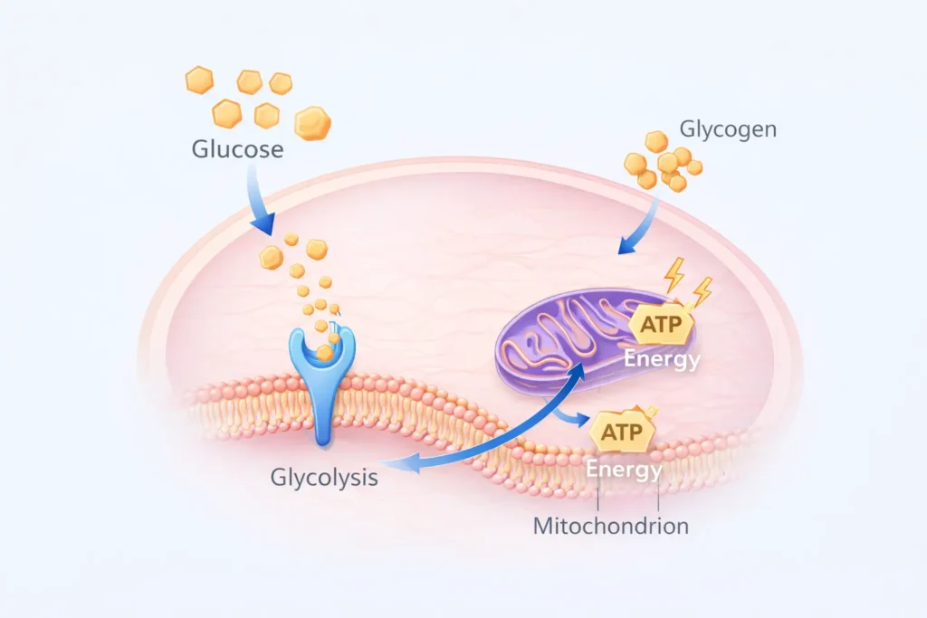 Illustration showing glucose metabolism inside the cell, including glycolysis and mitochondrial ATP production for cellular energy
