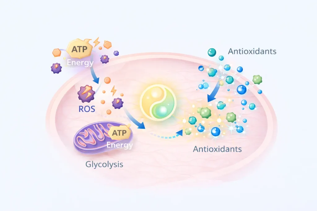 Illustration showing reactive oxygen species (ROS) generated during cellular metabolism and antioxidant molecules helping maintain oxidative balance inside the cell