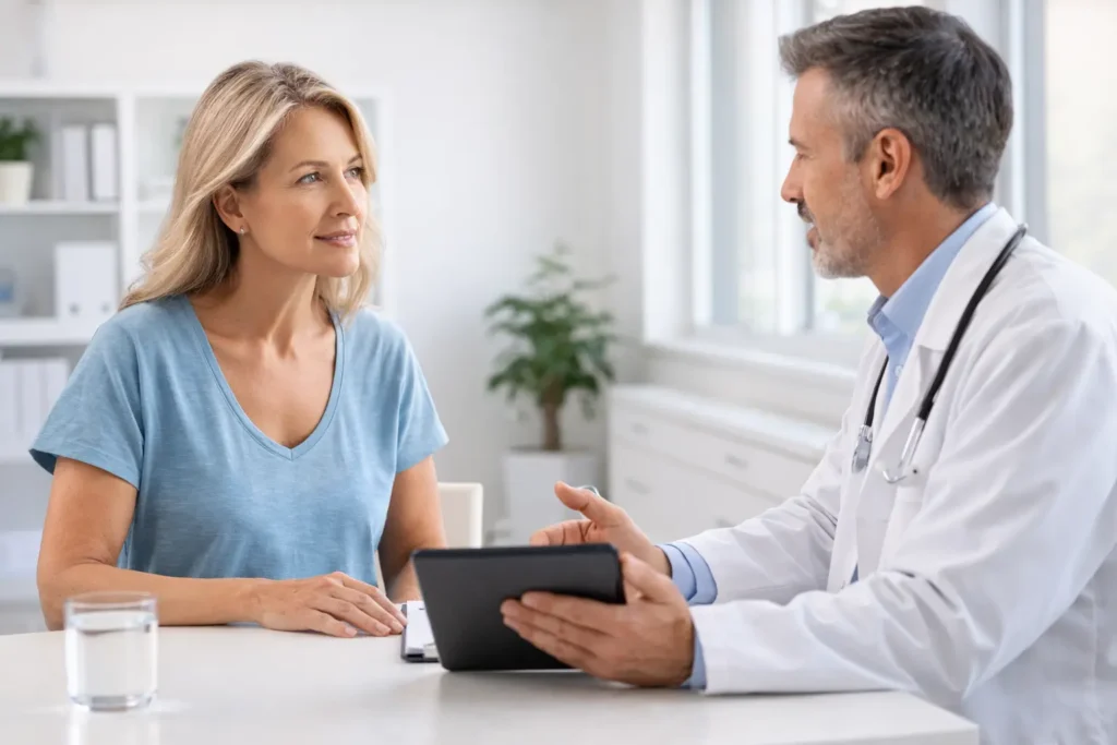 Adult woman consulting a healthcare professional about dietary supplement use in a modern clinic setting