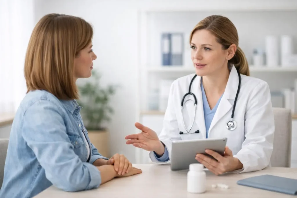 Patient discussing dietary supplement use with a healthcare professional in a clinical setting
