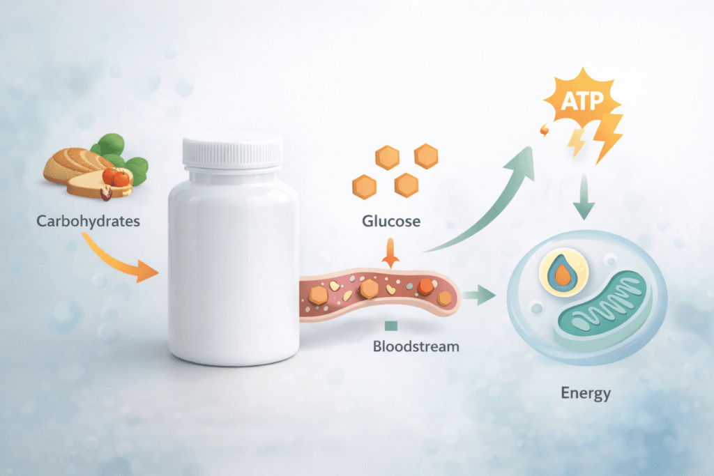 Educational illustration showing how glucose metabolism and blood sugar regulation work in the human body