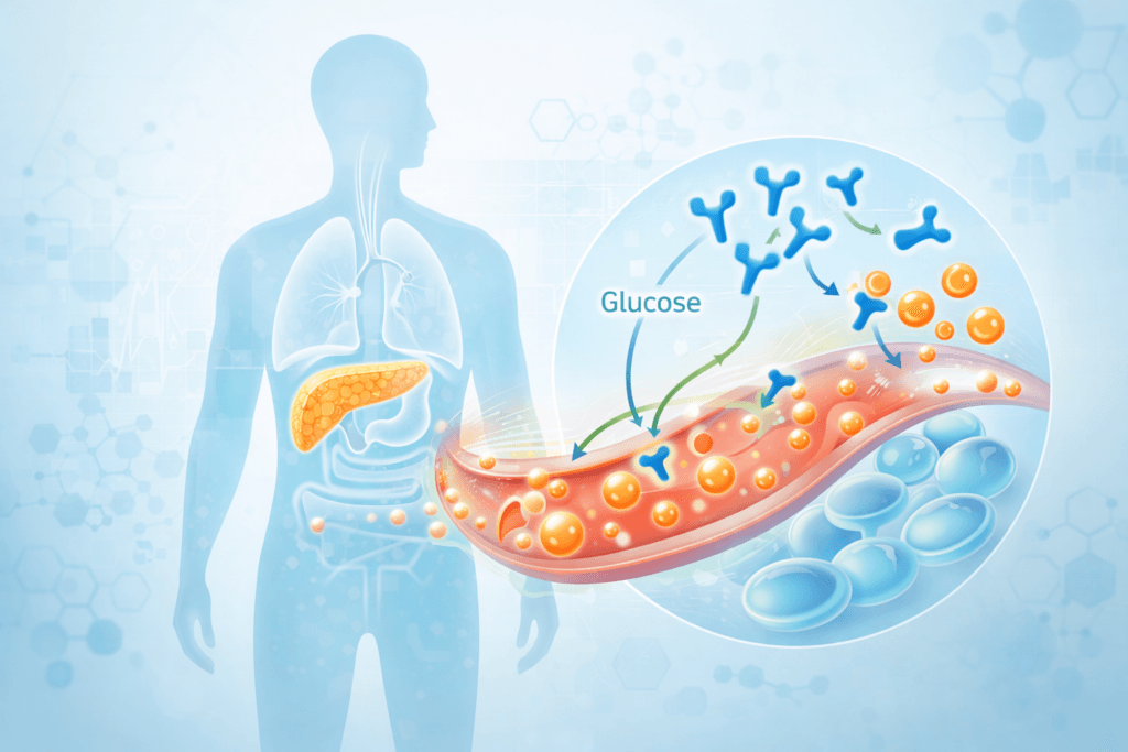 medical illustration showing glucose metabolism and insulin regulation in the human body