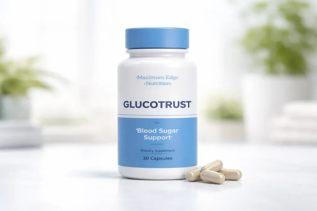 GlucoTrust supplement bottle displayed as referenced before visiting the official website