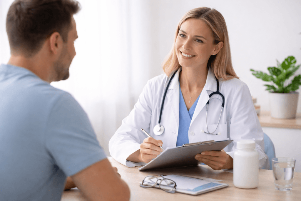 Doctor discussing supplement use and metabolic health guidance with an adult patient in a medical consultation setting