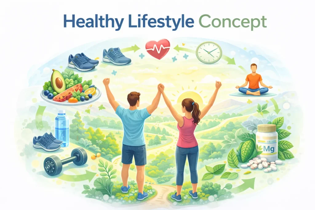 educational illustration representing healthy lifestyle habits supporting metabolic balance and blood sugar regulation