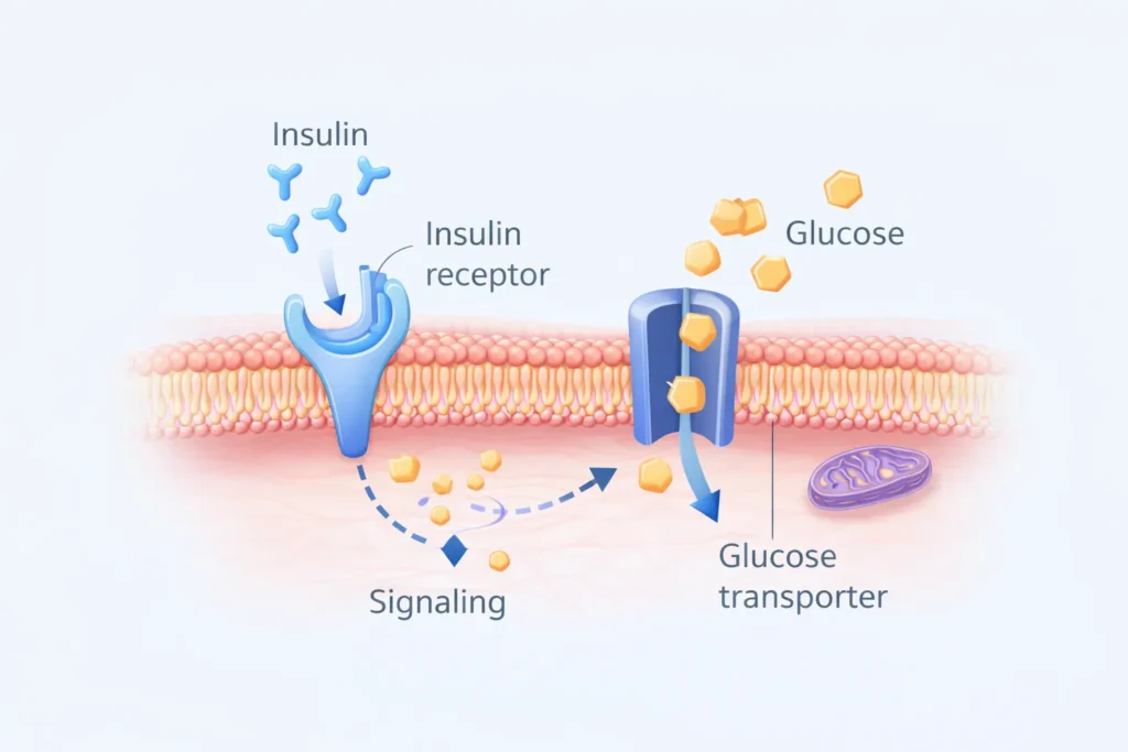 Illustration of insulin binding to its receptor on the cell membrane, activating glucose transport proteins that allow glucose to enter the cell