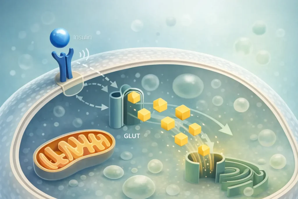 Scientific illustration showing insulin binding to its receptor and supporting normal glucose uptake into the cell