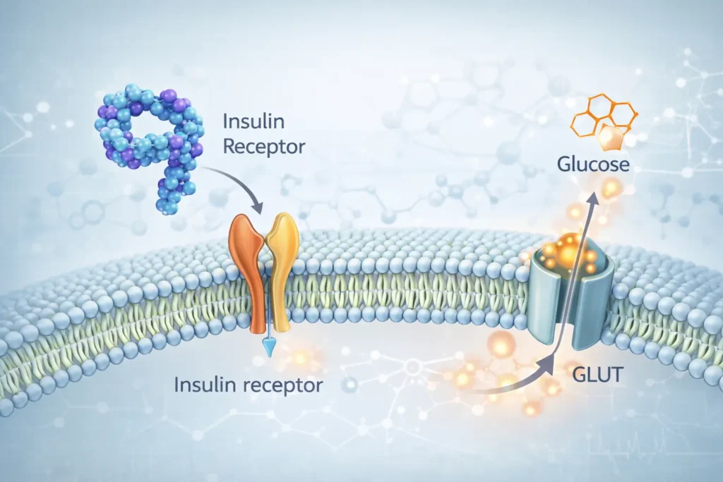 Scientific illustration showing insulin binding to its cellular receptor and activating glucose transport into the cell