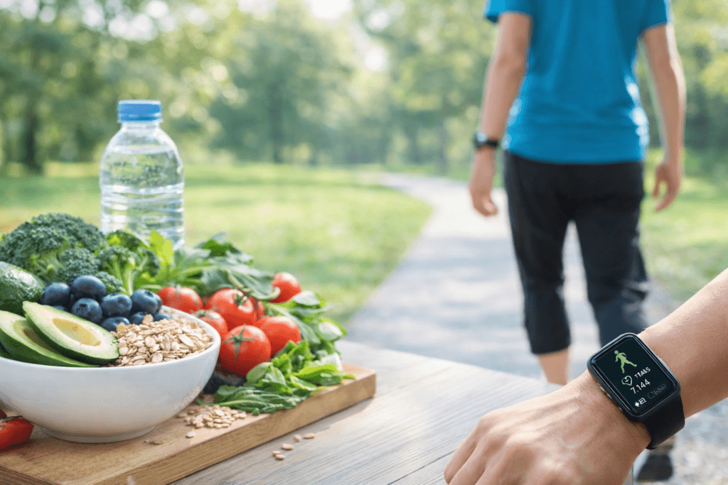 healthy lifestyle habits including exercise and nutritious foods supporting metabolic health