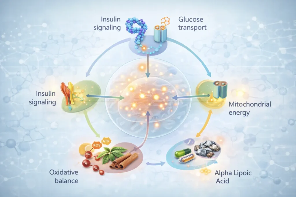 Scientific diagram showing interconnected metabolic pathways influenced by multiple nutritional ingredients working within normal physiological systems