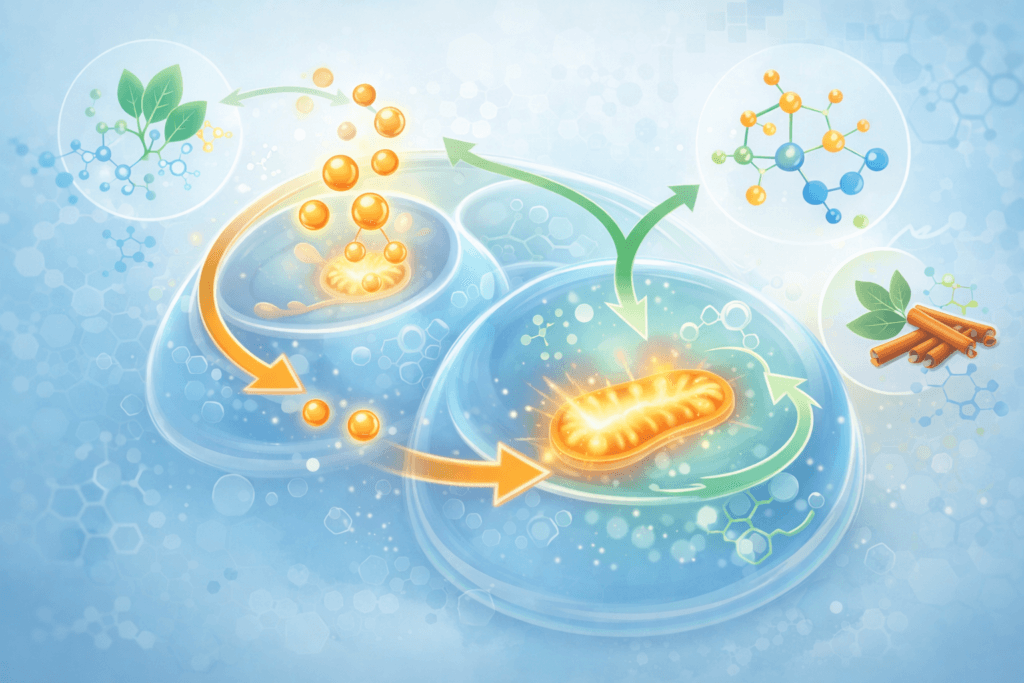 scientific illustration showing cellular glucose uptake and metabolic support pathways