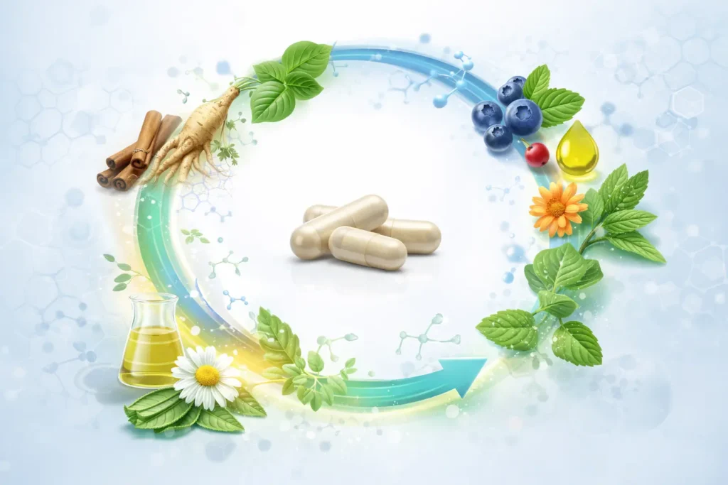 Illustration showing botanical and nutritional ingredient synergy in metabolic support supplements