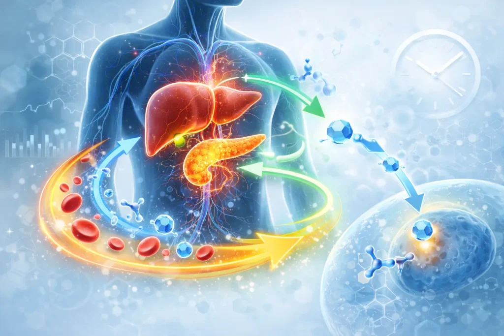 Illustration showing metabolic pathways and glucose utilization processes in the human body
