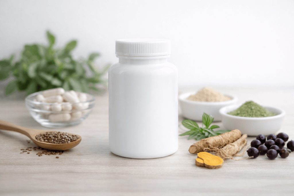 Unlabeled supplement bottle surrounded by natural botanical ingredients used in metabolic support supplements
