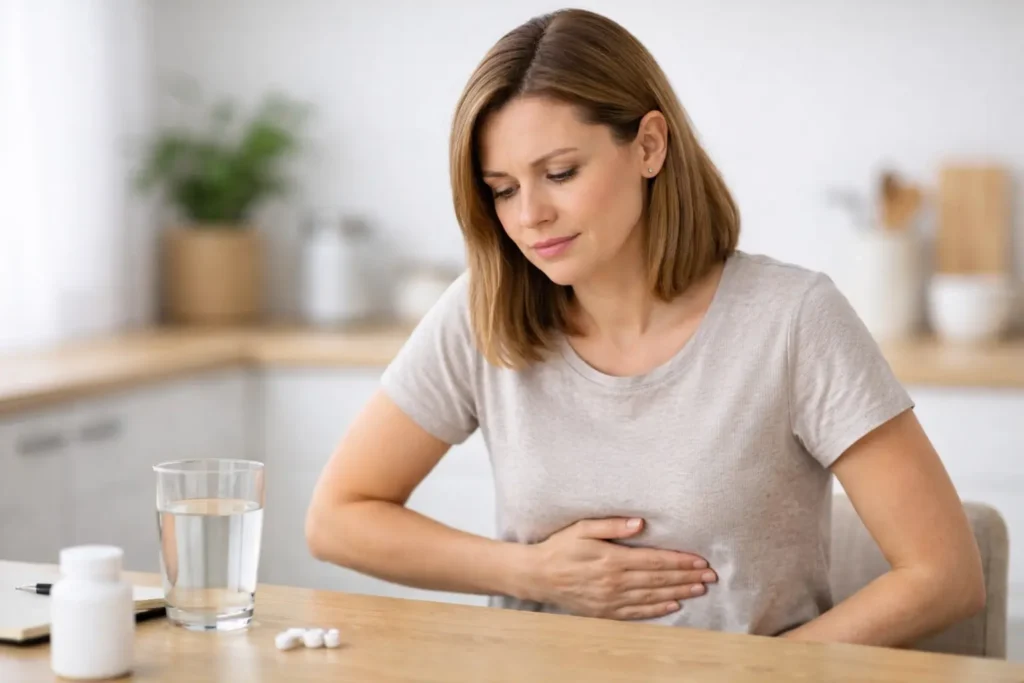 Adult woman experiencing mild stomach discomfort while seated at a table with a supplement bottle and water