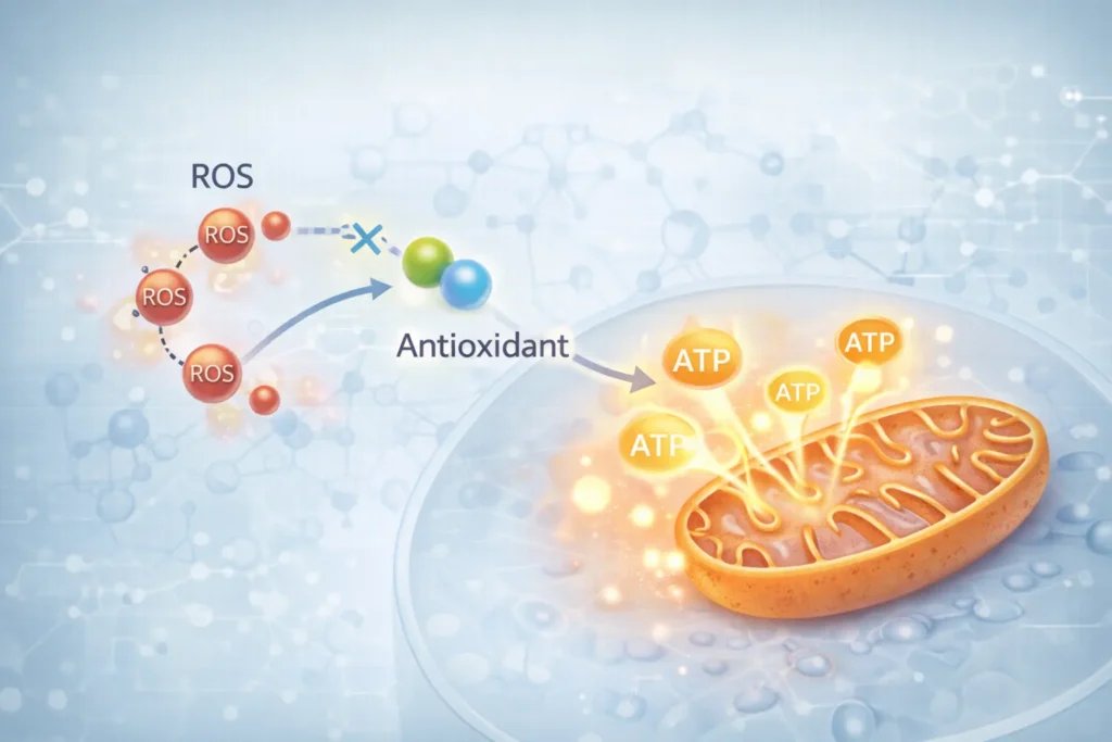 Scientific illustration showing mitochondrial ATP production and reactive oxygen species (ROS) balanced by antioxidant activity inside the cell