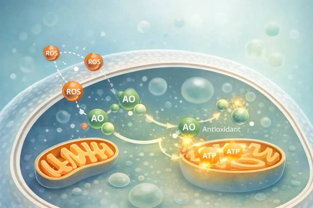 Scientific illustration showing reactive oxygen species and antioxidant activity maintaining oxidative balance within normal cellular metabolism