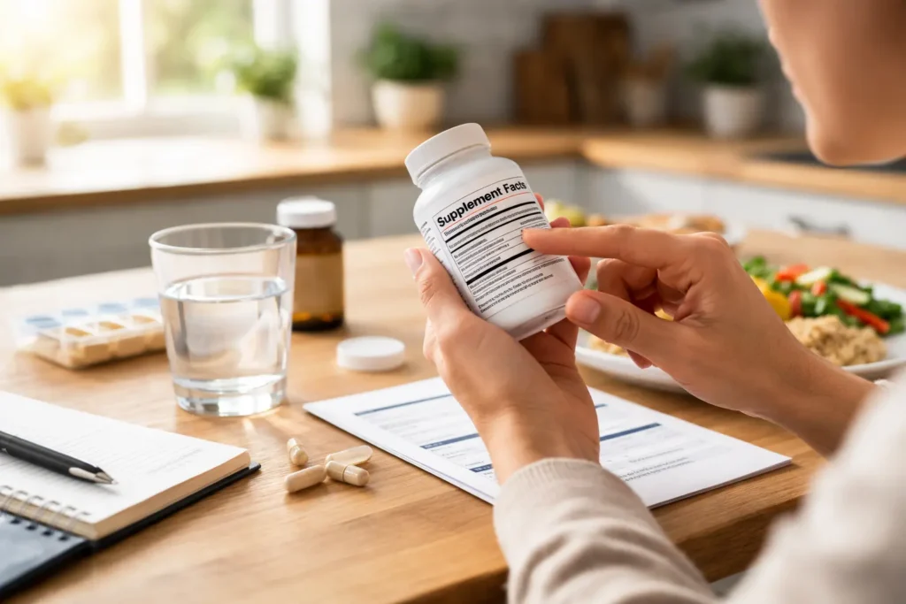 Person carefully reading the supplement facts label on a dietary supplement bottle at a kitchen table