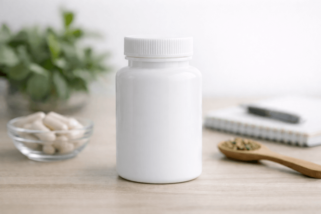 Unlabeled supplement bottle representing a blood sugar support formula such as Sugar Defender