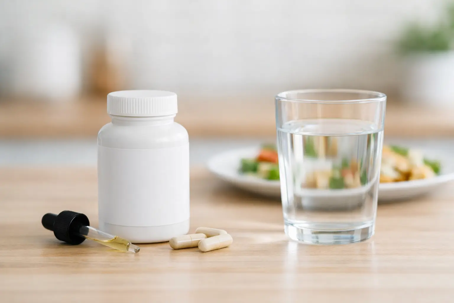 Editorial image showing a dietary supplement bottle and capsules placed on a kitchen table as part of a structured daily routine