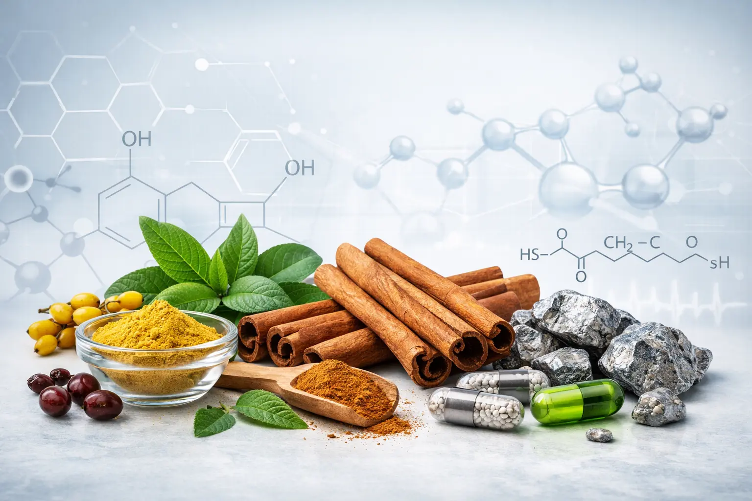 Scientific illustration showing natural ingredients such as cinnamon, botanical extracts, and micronutrients associated with metabolic and blood sugar support pathways