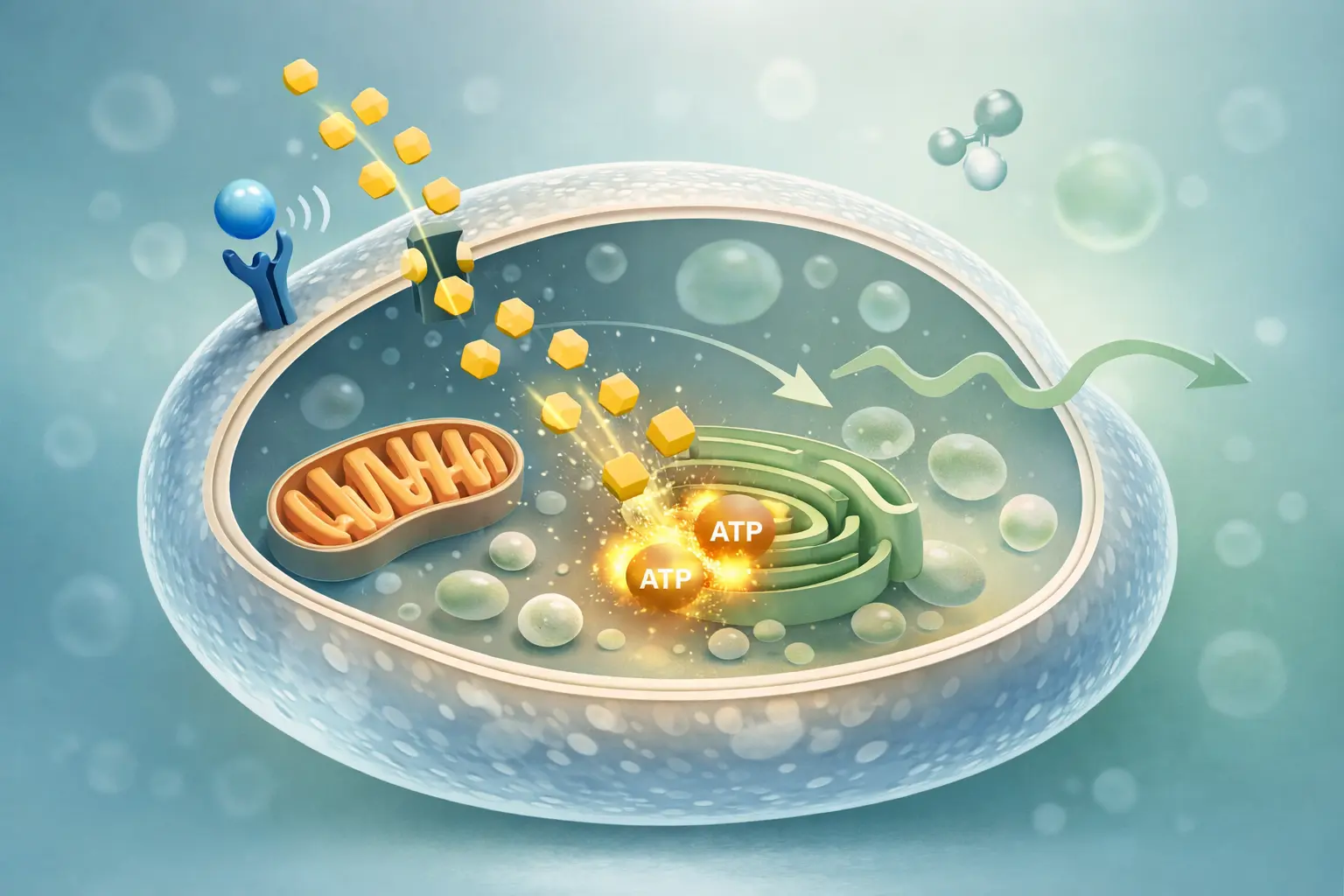 Scientific illustration showing glucose entering a cell and supporting normal metabolic balance and energy production within physiological conditions