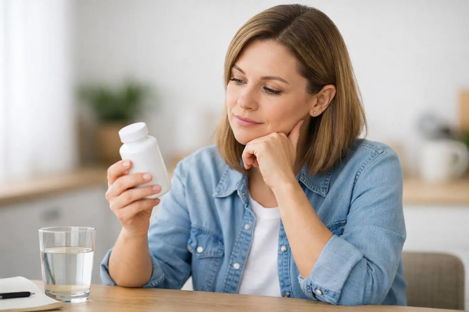 Woman thoughtfully reviewing a dietary supplement bottle before use in a home setting
