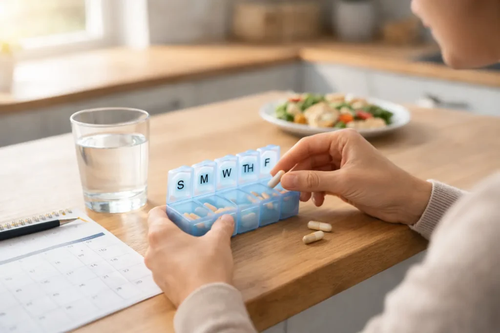 Person organizing dietary supplement capsules in a weekly pill organizer as part of a consistent daily routine