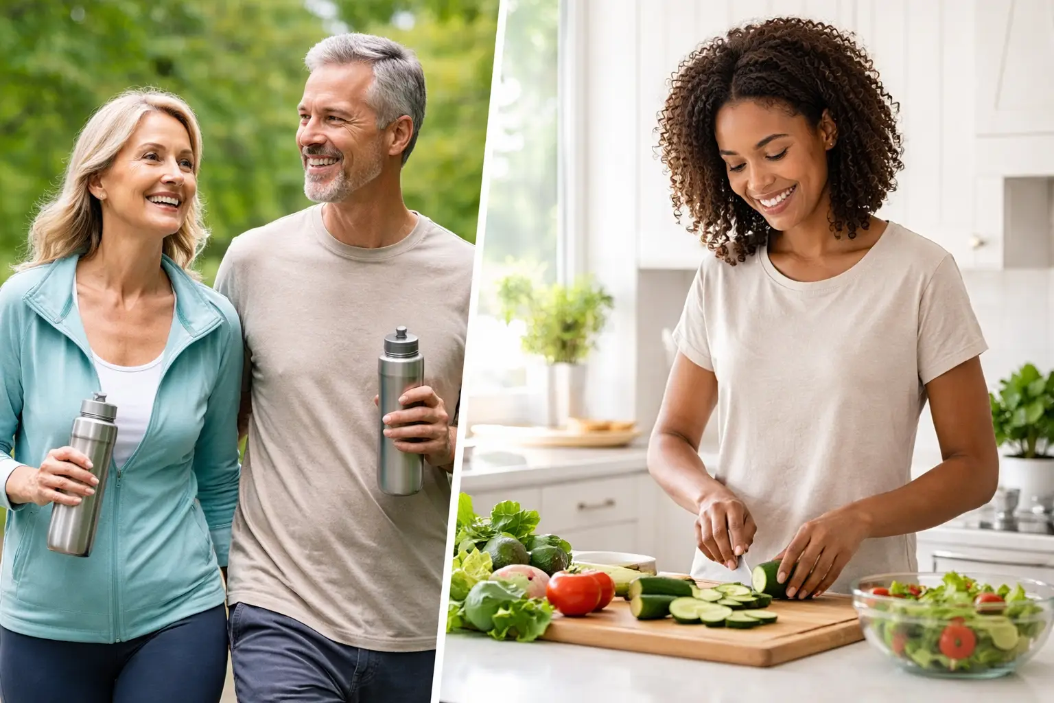 Diverse adults engaging in healthy lifestyle habits such as walking outdoors to support metabolic wellness