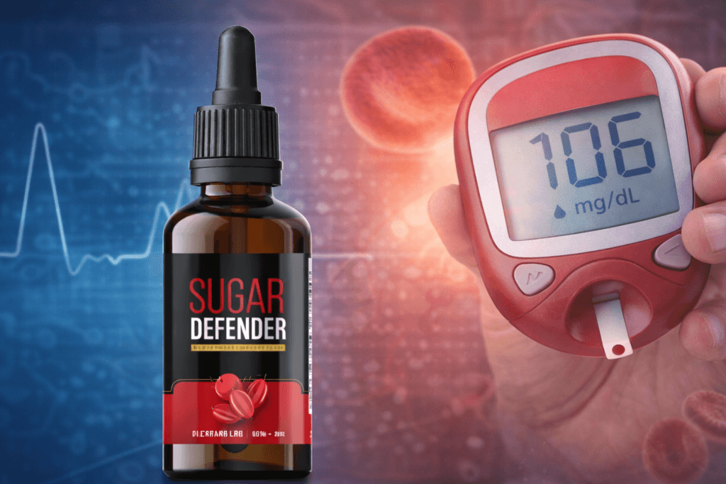 Sugar Defender liquid supplement bottle next to a blood sugar monitor showing glucose reading