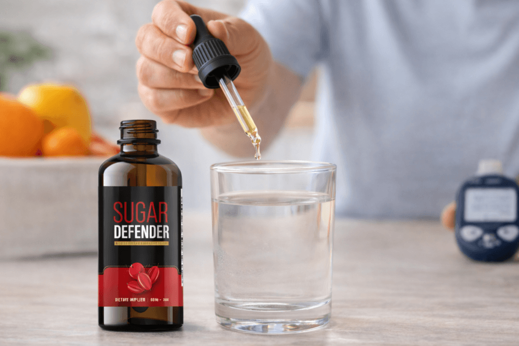 Person using Sugar Defender liquid drops with a glass of water for daily supplementation