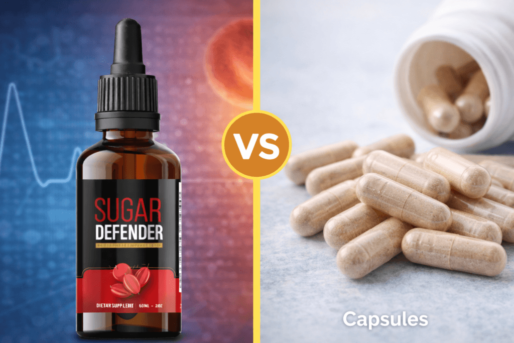 Comparison between Sugar Defender liquid drops and capsule supplements for metabolic support