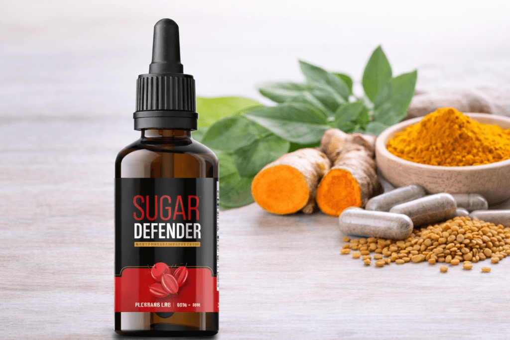 Sugar Defender supplement bottle with natural ingredients associated with blood sugar support and metabolic health